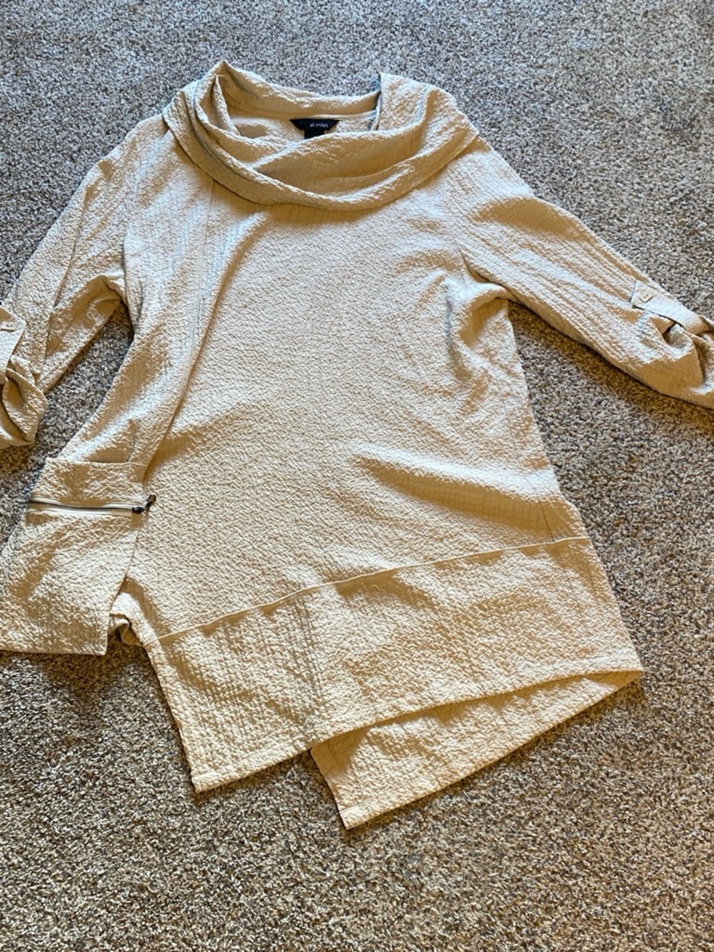 Ali Miles Women’s Cream Textured Cowl Neck Tunic Asymmetrical Blouse Size Large